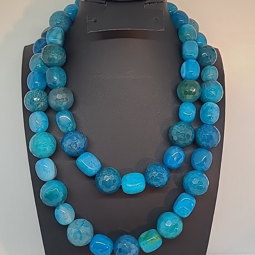 Jay King DTR Necklace Long 36" Blue Agate Spiderweb Stone Bead Strand Beautiful